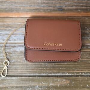 Calvin Klein MINI Card Wallet Key Chain Preppy Minimalist Brown Faux Leather